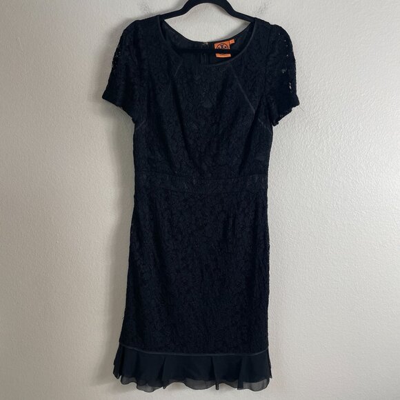 Tory Burch Womens 8 Bovary Lace Black Sheath Dress Ruffle Hem Short Sleeve - Picture 8 of 12